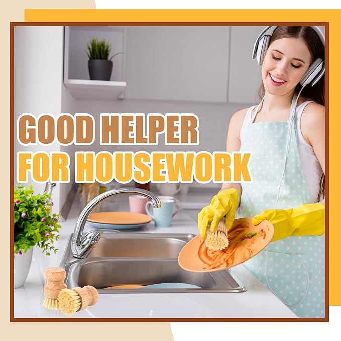 Nuenen 100 Pcs Bamboo Dish Scrub Brushes Wooden Scrubbers Set Kitchen Dishwashing Scrubber with Natural Sisal Bristles for Iron Pot Pan Sink