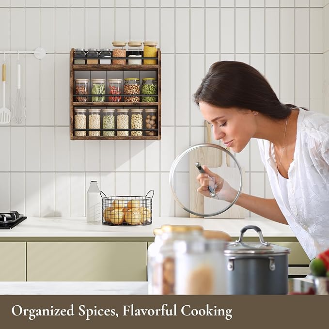 BCOZLUX Spice Rack Wall Mounted, Wood 3 Tier Spice Rack for Countertop, Vertical Spice Organizer for Spice Jars and Seasonings, Hanging Spice Shelf for Kitchen Cabinet, or Pantry, Rustic Brown