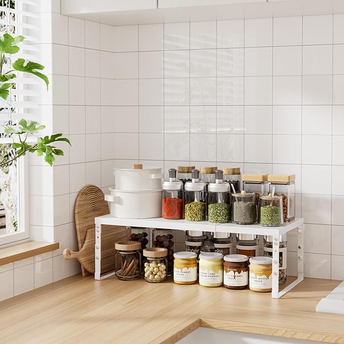 Ipotive Cabinet Shelf,Expandable Adjustable Stackable Kitchen Organizer,for cabinets, Kitchens, countertops, bathrooms Shelf Organizer(1Pack/White,Large)