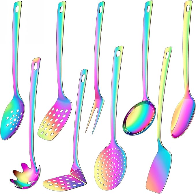 9 Pcs Premium Stainless Steel Kitchen Cooking Utensils Set Metal Cooking Utensils Tools Nonstick Heat Resistant -Ladle, Slotted Spoons, Slotted Turners, Masher, Fork, Skimmer, Spaghetti Server
