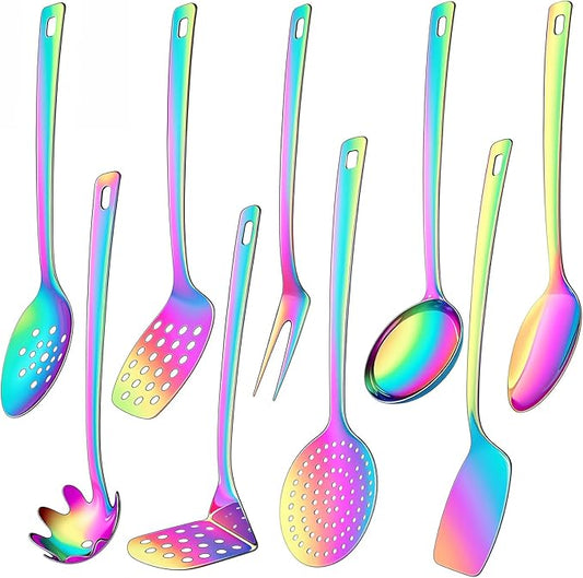 9 Pcs Premium Stainless Steel Kitchen Cooking Utensils Set Metal Cooking Utensils Tools Nonstick Heat Resistant -Ladle, Slotted Spoons, Slotted Turners, Masher, Fork, Skimmer, Spaghetti Server