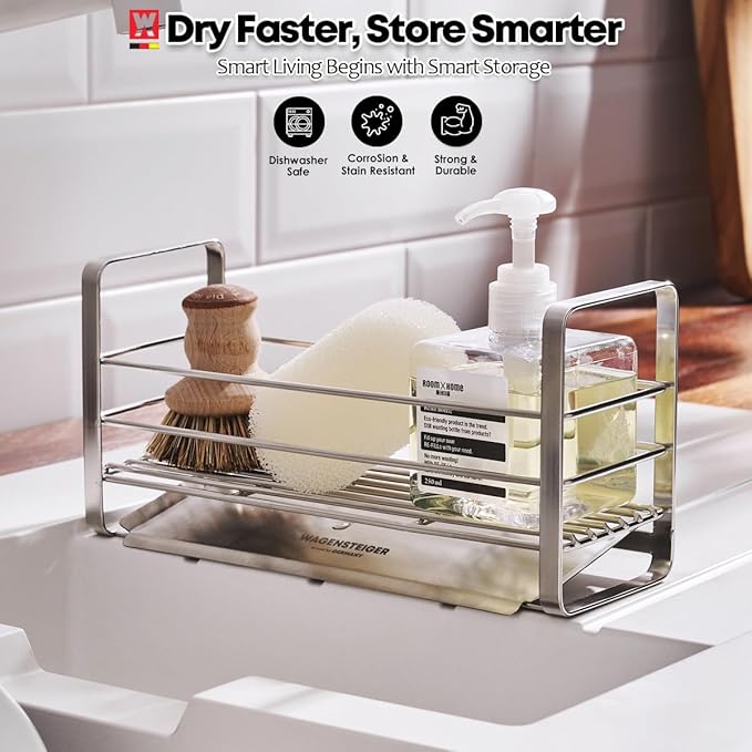 Stainless Steel Over Sink Organizer Rack, Sponge Holder, Soap Dispenser, Fast Drainage Kitchen Caddy with Removable Drainer Tray, Washbasin Caddy, Sink Drying Rack with Sloped Design