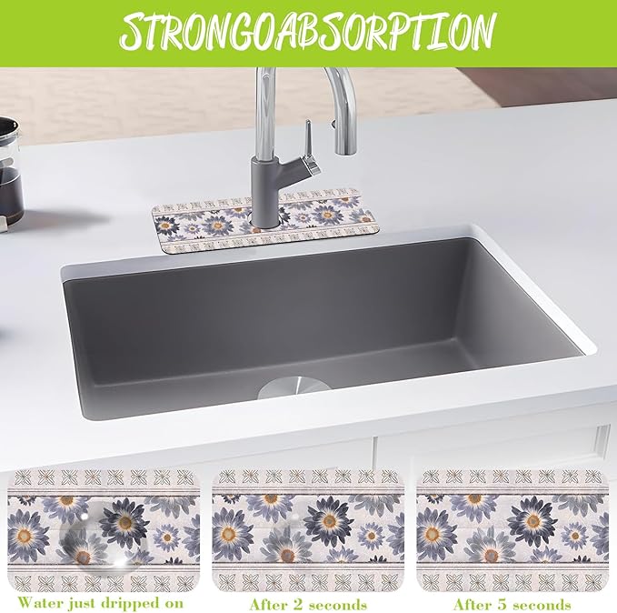 Sink Faucet Absorbing Mat Vintage Embroidery Flowers Sink Splash Guard Drying Mat for Kitchen Bathroom Faucet Sinkmat 15.5"X5.5"