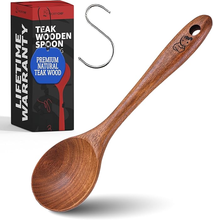 PriorityChef Wooden Spoon for Cooking – Handcrafted Teak Wood Serving Spoon, Non Toxic, Nonstick-Safe Kitchen Utensil for Stirring, Mixing & Everyday Serving