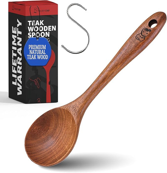 PriorityChef Wooden Spoon for Cooking – Handcrafted Teak Wood Serving Spoon, Non Toxic, Nonstick-Safe Kitchen Utensil for Stirring, Mixing & Everyday Serving