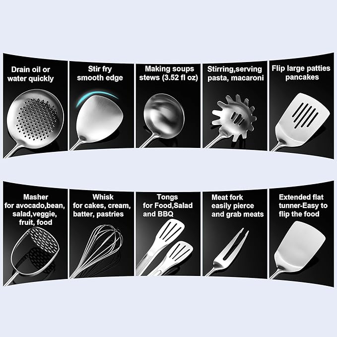 NIITAWH Kitchen Utensils Set Stainless Steel with Wooden Handle,Metal Cooking Utensils Set 12 PCS,Spatulas,Ladle,Skimmer,Tunners,Spaghetti Spoon,Fork,Potato Masher,Egg Whisk,Tongs