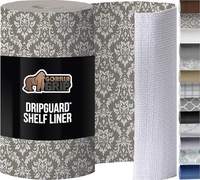 GORILLA GRIP DripGuard Shelf Liner, Non Adhesive Drawer and Kitchen Cabinet Protector, Slip Resistant BPA Free Smooth Surface Plastic Liners for Cabinets, Bathrooms, Closets, 12x120 Inch, Beige Cream