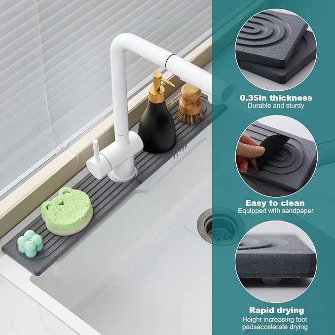 23.6 Inch Water-Absorbing Stone Faucet Mat for Kitchen Sink Bathroom Counter，Dark Grey Diatomite Drying Stone Mat, Sink Stone Tray Protector,Prevent Moisture Sink Splash Guard
