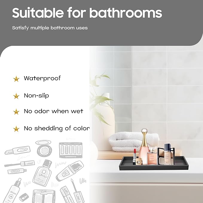 Mriluvy Vanity and Bathroom Tray, 9.8" ABS Countertop Organizer,Waterproof Vanity Tray for Toilet Tank,Perfume,Soap,Keys,Bathroom Accessories,Kitchen and Bath Trays,Non Slip Small Trays,Black
