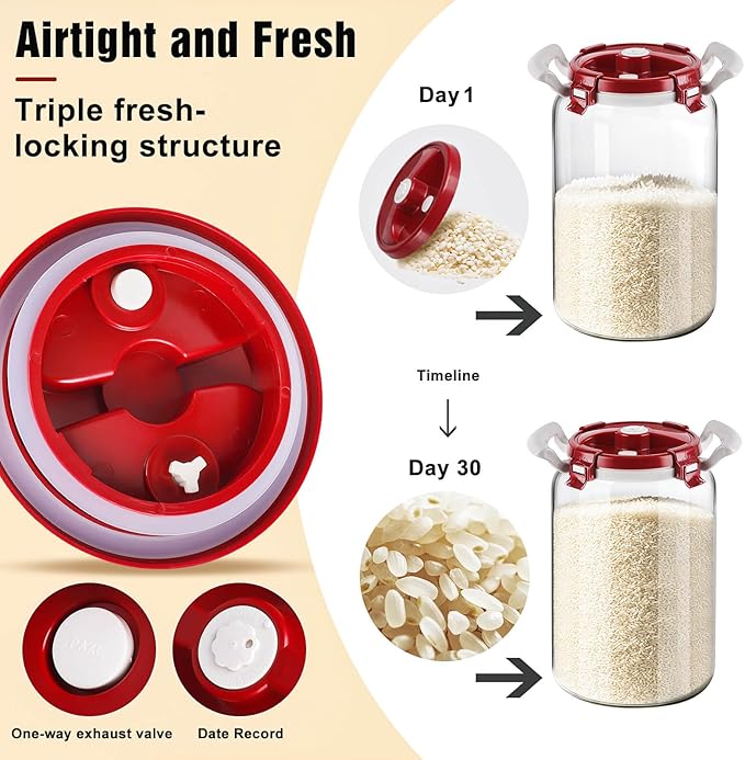 2.6 Gallon Glass Rice Storage Container with Airtight Lid & Handle - 20 lbs Large Glass Jar with Lid for Pantry, Kitchen - BPA Free, Wide Mouth, Clear Design for Flour, Pasta, Cereal Food Organization