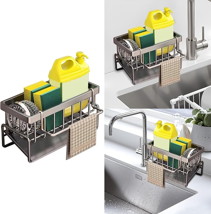 kitchen sink caddy, dish sink sponge holder (With rod-grey)