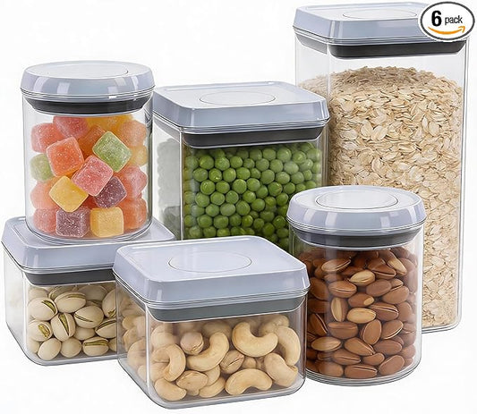6 Pcs Airtight Food Storage Containers with Lids, Push Button Seal BPA-Free Set for Kitchen Pantry, 0.65QT/0.7QT/1.8QT/2.4QT for Bulk Dry Food, Cereal, Flour, Sugar, RV Kitchen Storage