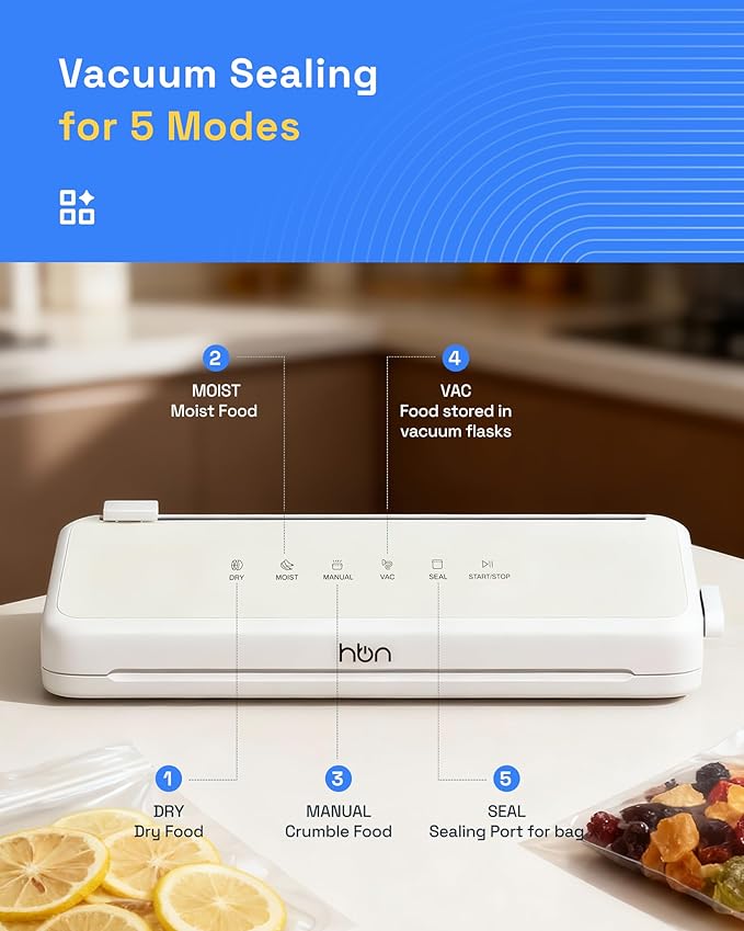 HBN Vacuum Sealer Compact Food Vacuum Sealer Machine Automatic Kitchen Food Sealer Countertop Double Heat Seal Built-in Cutter with 1 Roll & 20 Bags
