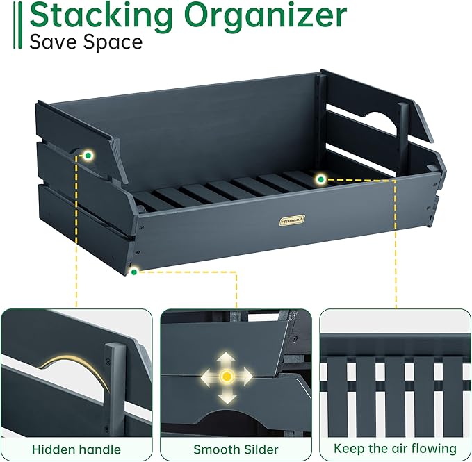 HABAU Potato Onion Storage Bin - Wood Stackable Produce Basket with Handles - Fruit and Vegetable Storage for Kitchen and Pantry Counter Organization - 1 Pack