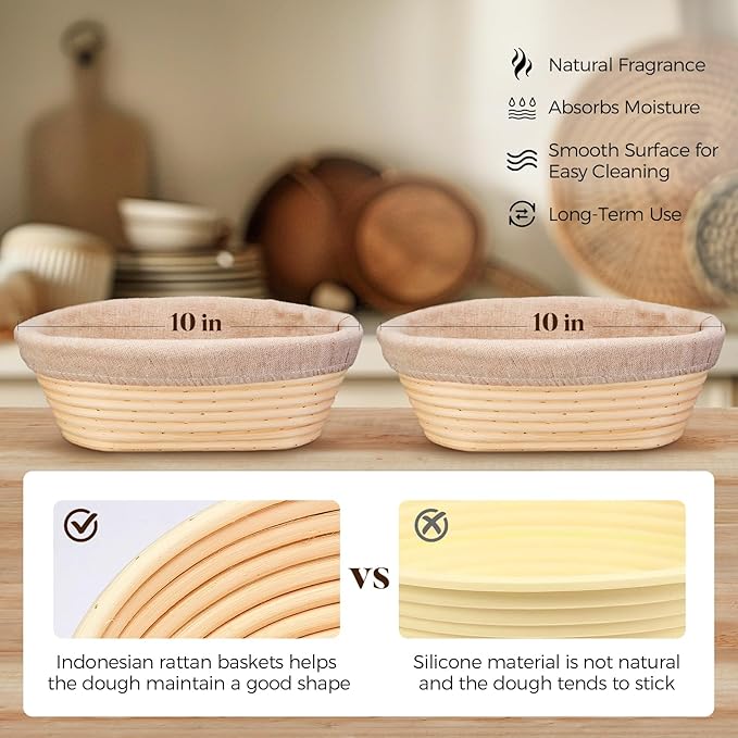 Banneton Bread Sourdough Proofing Basket - Sourdough Starter Kit Set of 2, Sourdough Bread Baking Supplies 10" Oval Set of 2, Bread Proofing Basket with 6 Accessories