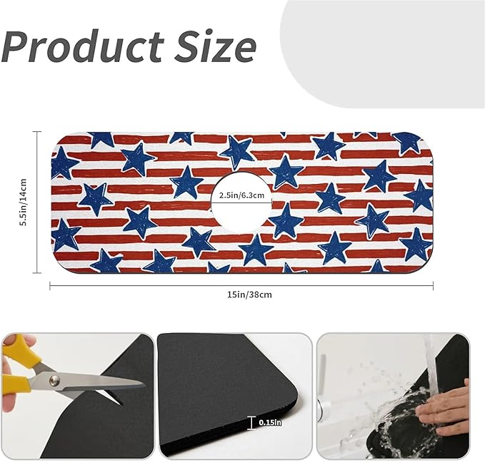 Kitchen Sink Splash Guard，Stripes and stars Faucet Mat Sink Gadgets-Super Absorbent Fast Drying Mat Drip Catcher for Kitchen, Bathroom,Sink Mat, Dish Drying Mat, Bathroom(15" X 5.5" )