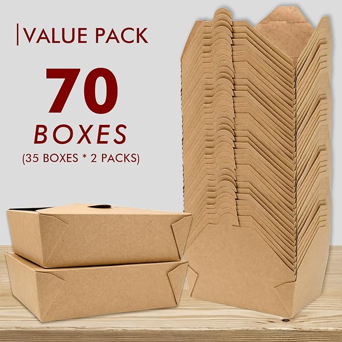 EcoDispose Pack of 70 71 oz Kraft Paper Fold To Go Containers, Microwaveable Leak and Grease Proof Take Out Boxes for Lunch,Leftover and Restaurant