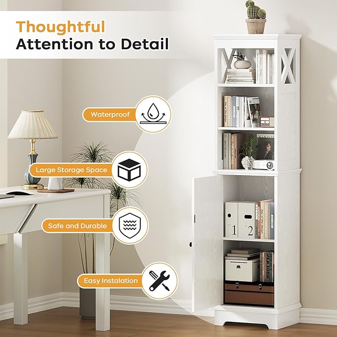 Viroformo Narrow Bathroom Storage Cabinet with Door and Open Adjustable Shelves, 60.9" H Wooden Tall Tower Corner Farmhouse Cabinet, Freestanding Organizer for Kitchen, Entryway White