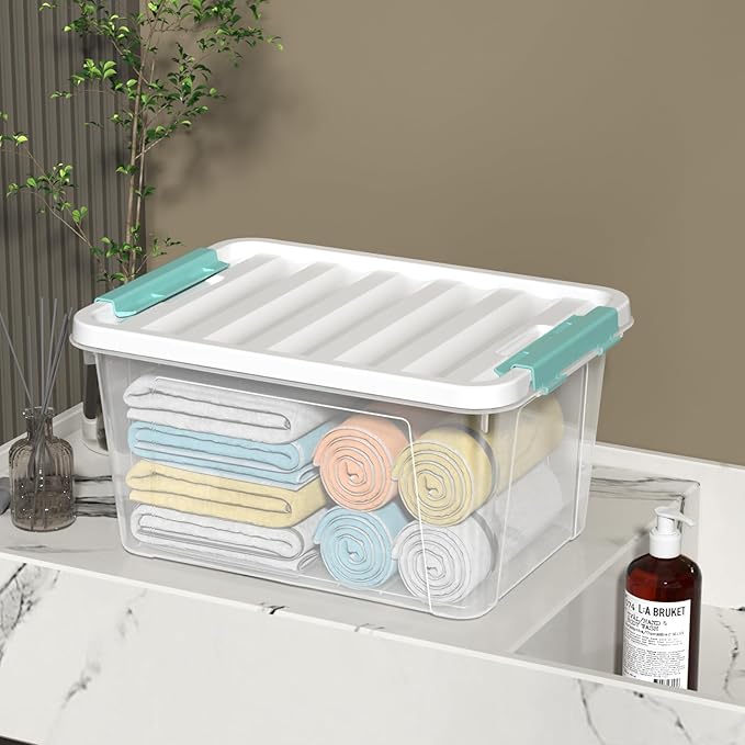 4 Pack 20 Quart Plastic Organizer Bins with Lids, Multi-use Clear Latching Storage Boxes