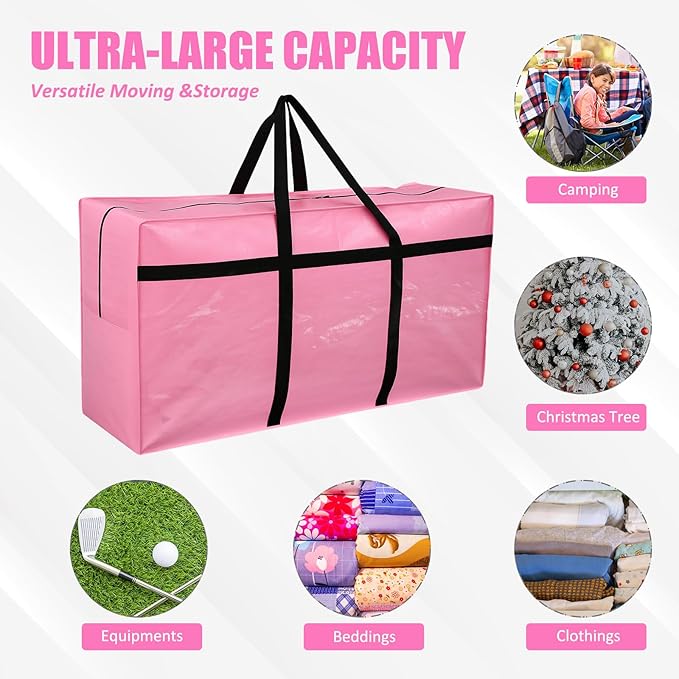 Windyun 4 Pack 75 Gallon Extra Large Moving Bags XXL Heavy Duty Storage Bag with Strong Zipper Handle Jumbo Big Tote Box Foldable for College Dorm Travel Clothes Duffle Blanket Pillow(Pink)