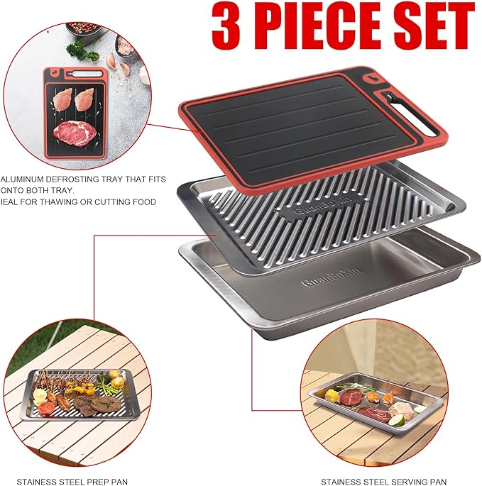 Grilling Prep and Serve Trays, Stainless Steel Large Capacity Food Prep Tray, Grill Carry System, Marinade Container and Cutting Board, BBQ Grill Accessories, Grilling Gifts for Men