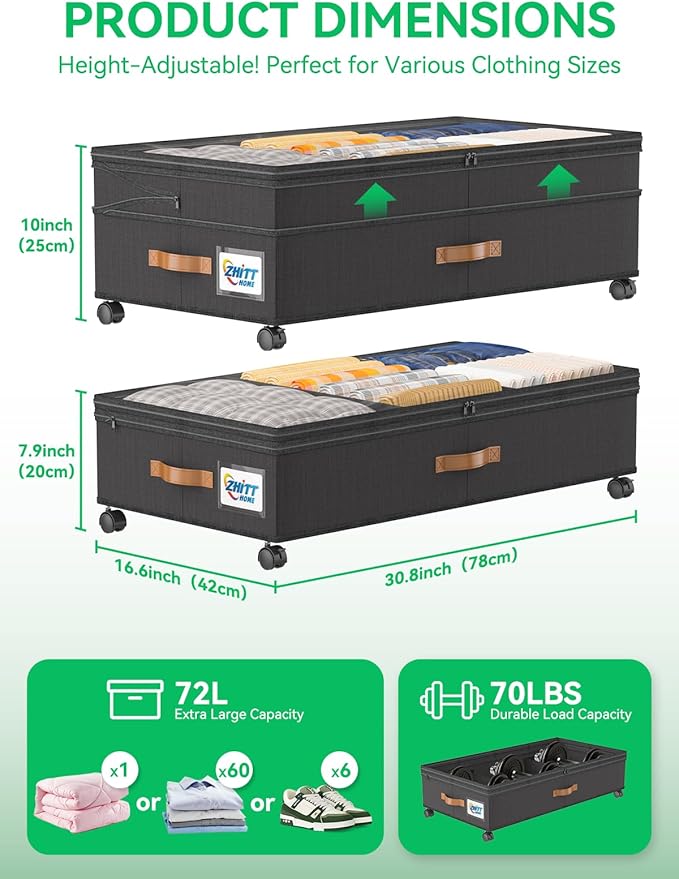 Under Bed Storage with Wheels, 2-Pack Upgraded Scalable Under Bed Storage Containers with Transparent Lids, Underbed Storage Organizer Rolling Bins for Shoes Clothes Sheet - Expandable Max