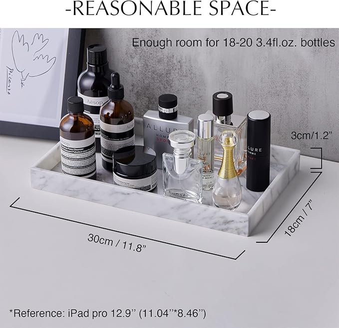PHINILUX 𝐈𝐭𝐚𝐥𝐢𝐚𝐧 𝟏𝟎𝟎% Marble Vanity Tray (12x7in), Counter Organizer for Bathroom, Kitchen, Dresser, Coffee Table, Serving, Decorative (Carrara White)