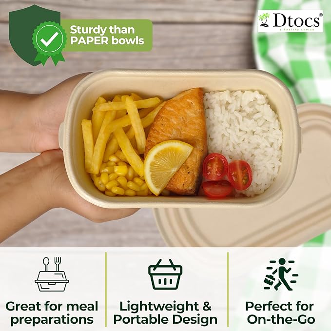 Dtocs Bamboo Fiber 500 mL Meal Prep Containers (Pack 50) | Disposable To-Go Food Containers With Lid | Microwave & Freezer Safe | Alternative to Glass Food Storage Box