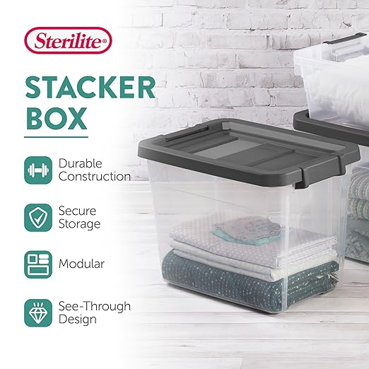 Sterilite 6-Pack Modular Stacker Box, Durable Clear Plastic Storage Bins with Latching Lids, 30 Quart - Stackable Organizing Container Boxes for Closet, Bathroom, and Office