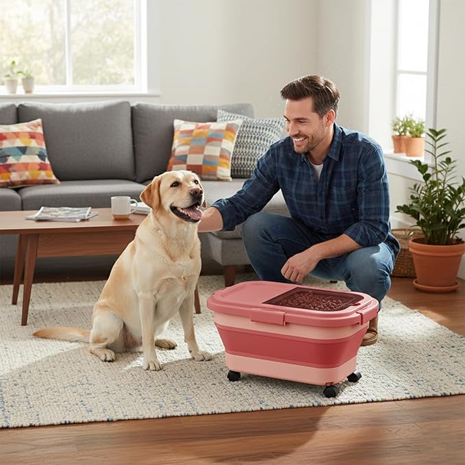 15 Lbs Dog/Cat Food Storage Container,Collapsible Food Storage Containers with Rolling Wheel Airtight Locking Lid,Pet Food Storage Container with Cup and Scoop,Pink