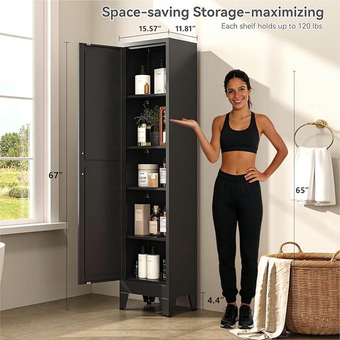 YNIQUESTLE 67" Tall Storage Cabinet with Reversible Doors and Adjustable Shelves,Metal Slim Freestanding Cabinets for Bathroom Kitchen Garage Small Spaces,Black