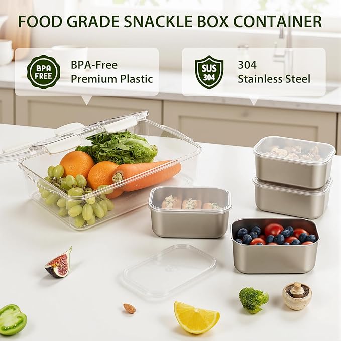 Freshmage Snackle Box Container, Stainless Steel Divided Serving Snack Tray with Lid and Handle, 4 Compartment Portable Snack Platters for Road Trip, Beach, Picnic, Ball Games, Pool and Parties