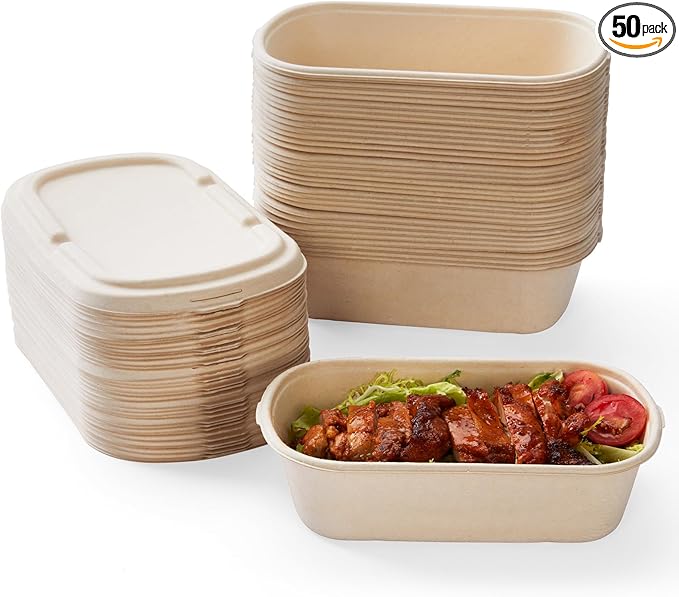 HorizonNest [100% Eco-Friendly] Disposable Food Containers with Lids – Sugarcane Pulp Take Out Boxes, Biodegradable, Compostable, Microwave Safe Lunch Containers – Pack of 50 (24 OZ)