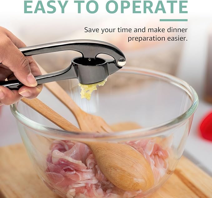 GD Black Garlic Press Crusher Mincer Tool - Premium Garlic Press smasher, Dishwasher Safe & Rust Proof, Easy-Squeeze Garlic Crusher with Ergonomic Handle - Includes Silicone Peeler & Brush (Black)