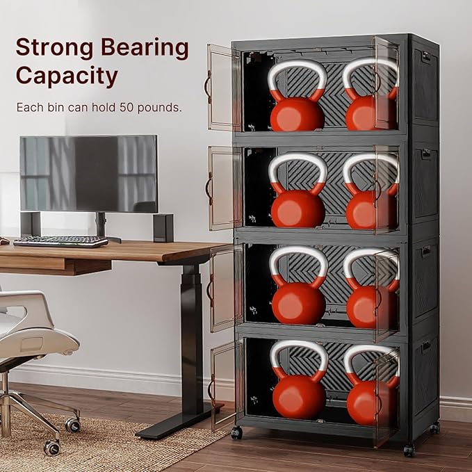 Extra Large Stackable Storage Bins with Lids & Wheels, 440QT-55QT/30GAL*8Pack Foldable Collapsible Closet Organizers Dark Storage Cabinet with Doors for Bedroom Dorm