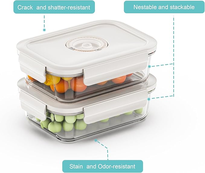 Vacuum Seal Glass Food Storage Containers, 3pcs Containers with 10pcs Sous Vide Bags/ 1pc Manual Pump, Meal Prep Container with Airtight Locking Lids for Lunch, Long-Lasting Freshness