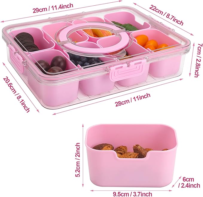shopwithgreen Snackle Box Charcuterie Container, Divided Serving Tray with Lid and Handle for Party, Veggies, Fruits, Nuts, Food Tray Platter Snack Box Container for Entertaining, Picnic, Pink, 2pcs
