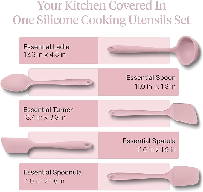 GIR: Get It Right - 5 Piece Essentials All Purpose Set - Ladle, Spatula, Flip, Spoon & Spoonula, Non-stick, Heat Resistant, Dishwasher Safe, Kitchen Utensils, Baking Supplies - Rose