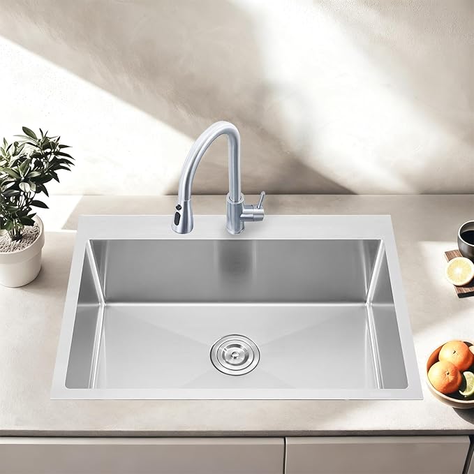 28X18 Inch Drop In Kitchen Sink, Topmount Stainless Steel Brushed Nickel Single Bowl Kitchen Sink, Extra-thick 16 Gauge For RV Laundry Utility with Basket Strainer, VALYJ281809SD