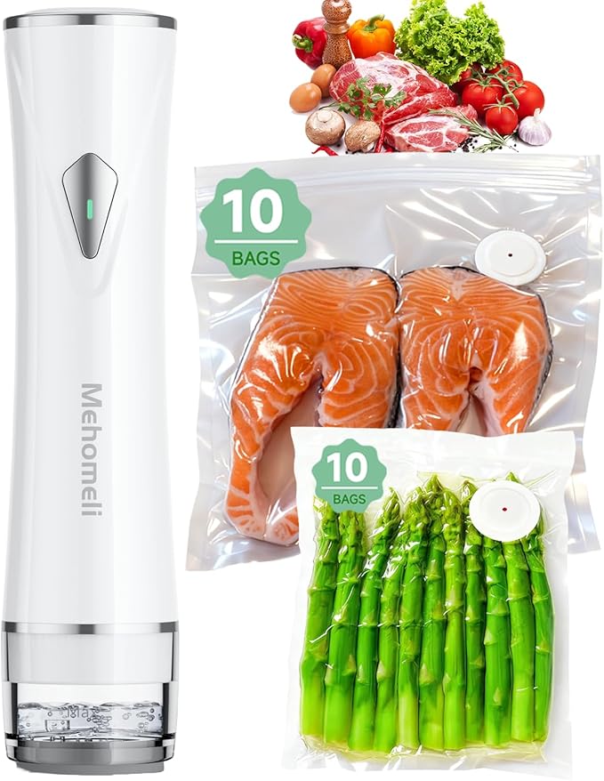 Compact Vacuum Sealer for Food (Vacuum Sealer Machine + 20 Reusable Vacuum Bags), Powerful Handheld Vacuum Sealer Machine, Seal Food 6X Fresh Longer, Portable & Wireless, Easy-Clean