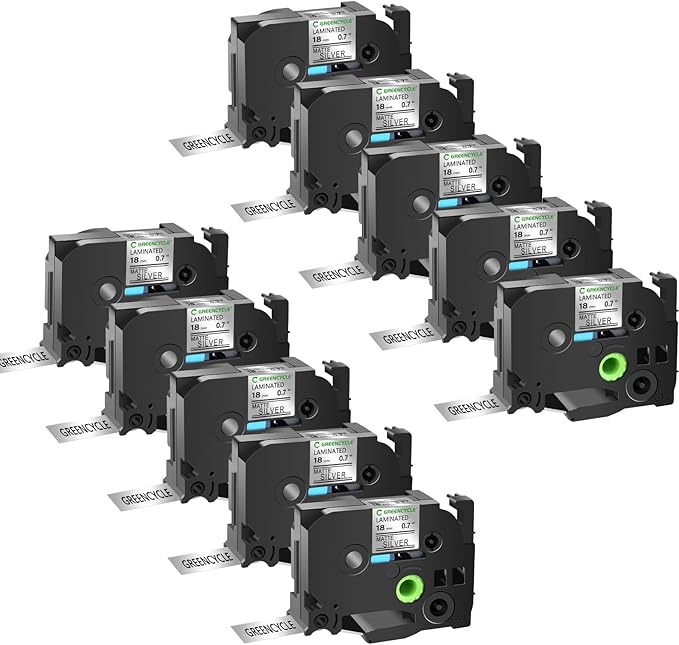 GREENCYCLE Compatible for Brother P-Touch TZ TZe M941 18mm 0.7 Inch 3/4" Label Cartridge Black on Matte Silver Laminated AZE Tape for PTD400 PTD450 PTD600 PTP710BT PT1830VP PT2430PC PT1880C, 10 Pack