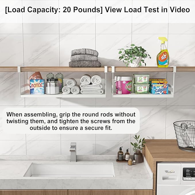 Expandable Under Cabinet Shelf Organizer with 0.94 Inches Thick Clips, Heavy Duty Extendable Under Shelf Storage Basket for Pantry or Laundry Room, White, 1 Pack, Interior: 5.7" H x 8.54" D