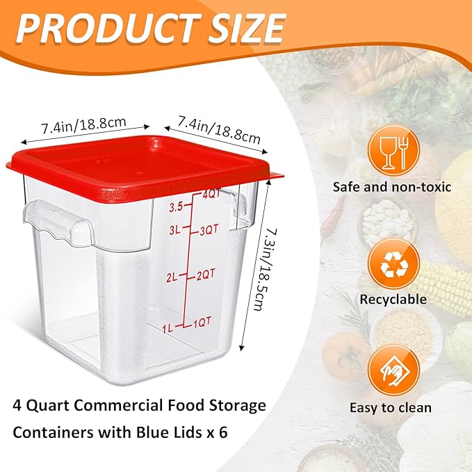 Yungyan 6 Pcs Commercial Clear Food Storage Containers 4 Qt Square Acrylic Airtight Food Storage Containers with Lids for Kitchen Restaurant Pantry Freezer Flour Sugar(Red)