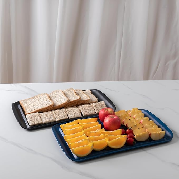 ZAROCRUS Melamine Grilling Prep and Serve Trays, Set of 2 Melamine Rectangular Serving Trays/Platters with Handle for Outdoor Parties and BBQ, Dishwasher Safe Food Tray,17''x10.5''. Blue and Black