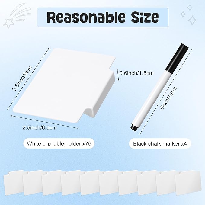 Chinco 80 Pcs Basket Label Clips Set Include 76 Removable Kitchen Clip Label Holder PVC Storage Bin with 4 Chalk Markers for Basket Kitchen Pantry Organization (White Clip, Black Pen)