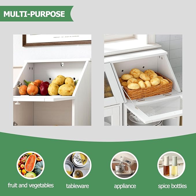 PAKASEPT Potato Storage Wood Bin, Wooden Bread Storage Bins, Decorative Potato and Onion Storage Bin with 3 Doors, Wooden Vegetable Storage Box with Lid (2)