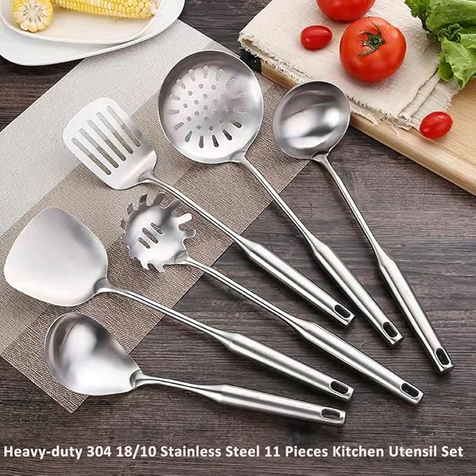 304 18/10 Stainless Steel Kitchen Utensils Set 11 Pcs Long Metal Cooking Utensil, Spatula, Soup spoon, Leaking shovel, Ladle, Tunner, Pasta Server, Meat Fork, Tongs Kitchen Tools Set, Dishwasher Safe