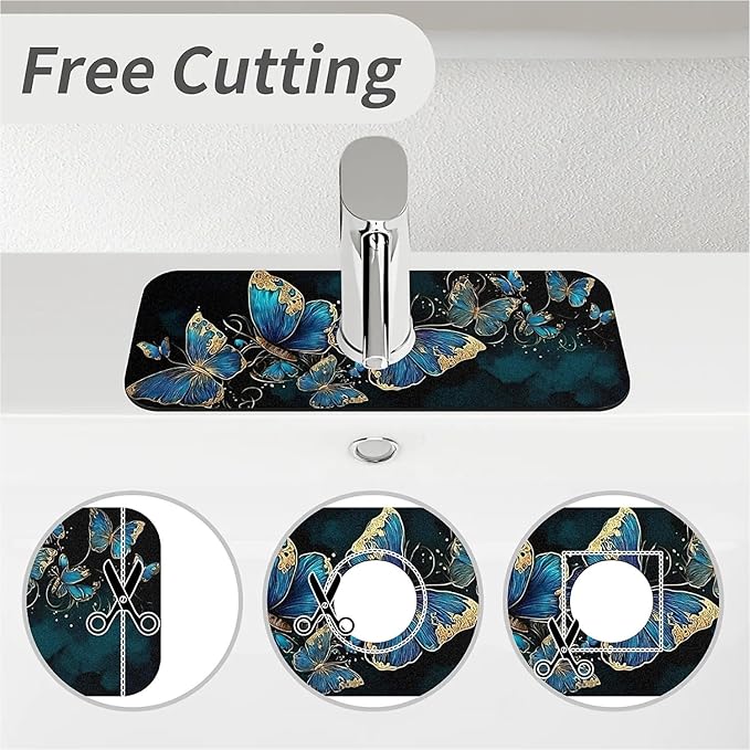 Kitchen Sink Splash Guard，Beautiful blue butterfly Faucet Mat Sink Gadgets-Super Absorbent Fast Drying Mat Drip Catcher for Kitchen, Bathroom,Sink Mat, Dish Drying Mat, Bathroom(15" X 5.5" )