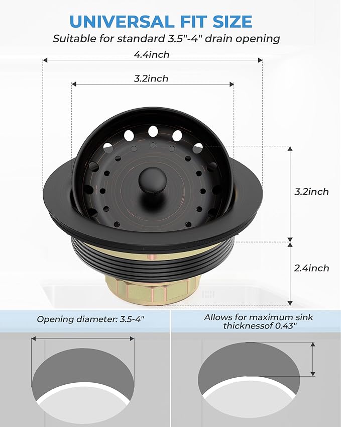 3-1/2 Inch Kitchen Sink Drain with Strainer Stopper Drain Assembly Removable Basket Strainer Plug fit Standard Sink Drain Hole, Stainless Steel Oil Rubbed Bronze