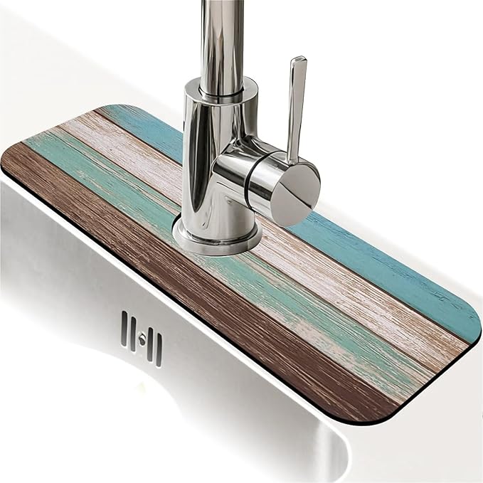 Kitchen Sink Splash Guard，Vintage wooden planks Faucet Mat Sink Gadgets-Super Absorbent Fast Drying Mat Drip Catcher for Kitchen, Bathroom,Sink Mat, Dish Drying Mat, Bathroom(15" X 5.5" )